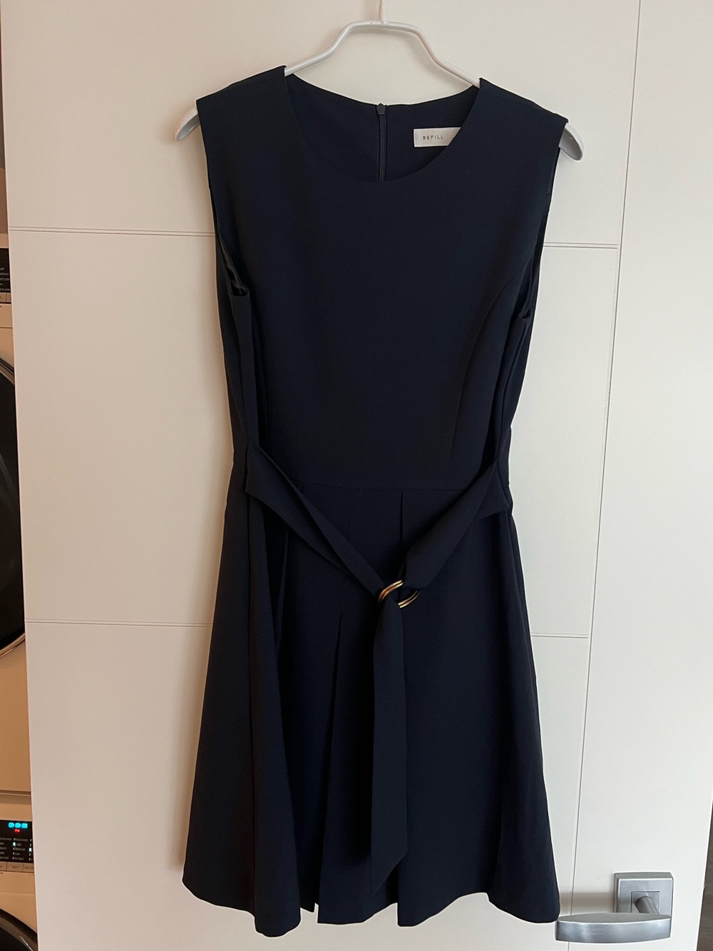 Navy Sleeveless Fit-and-Flare Mini Dress with Ring-Accent Belt